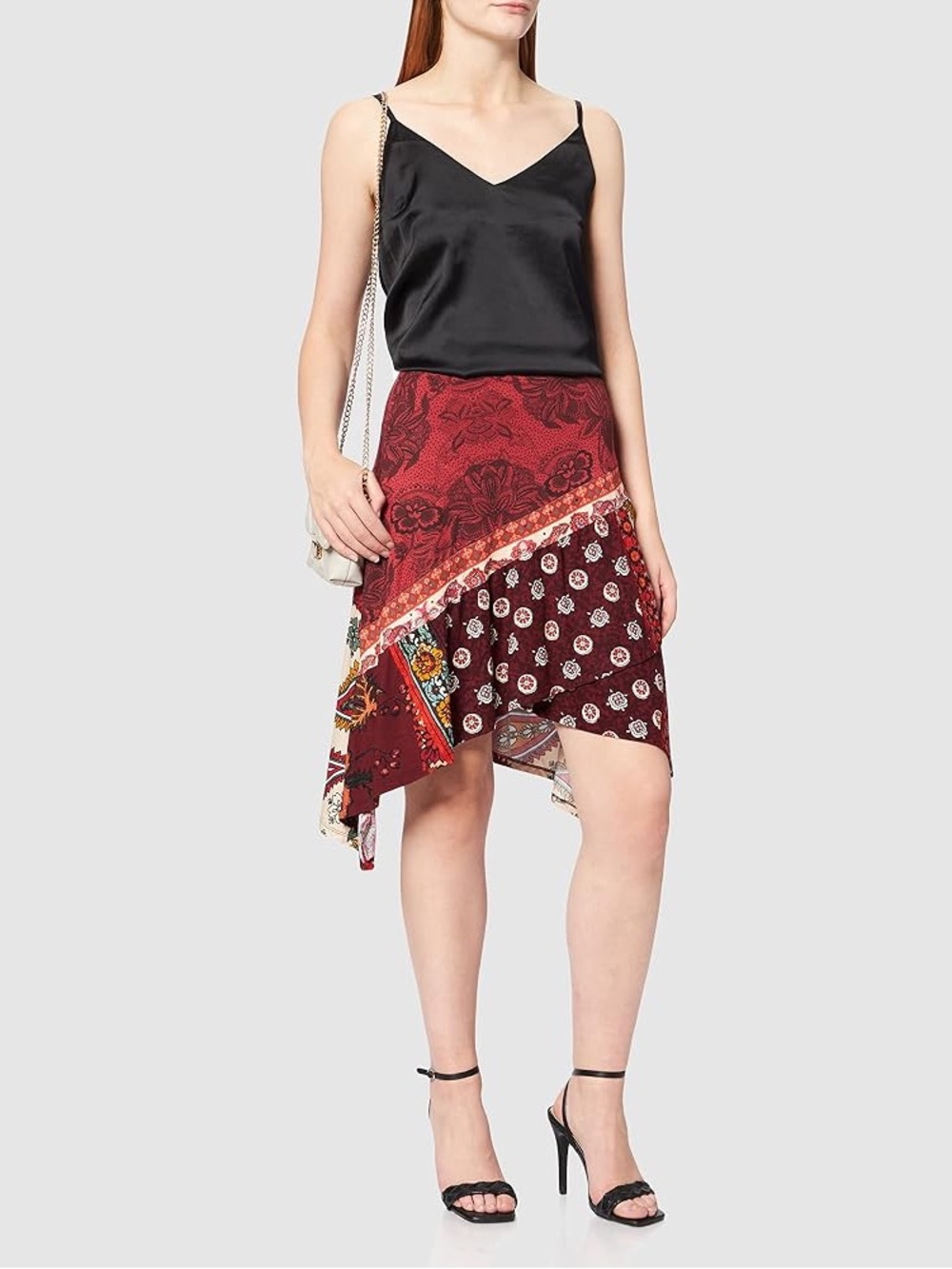 New! Desigual Indira Red Floral Patchwork Asymmetrical Scarf Hem Skirt🌹 L NWT!